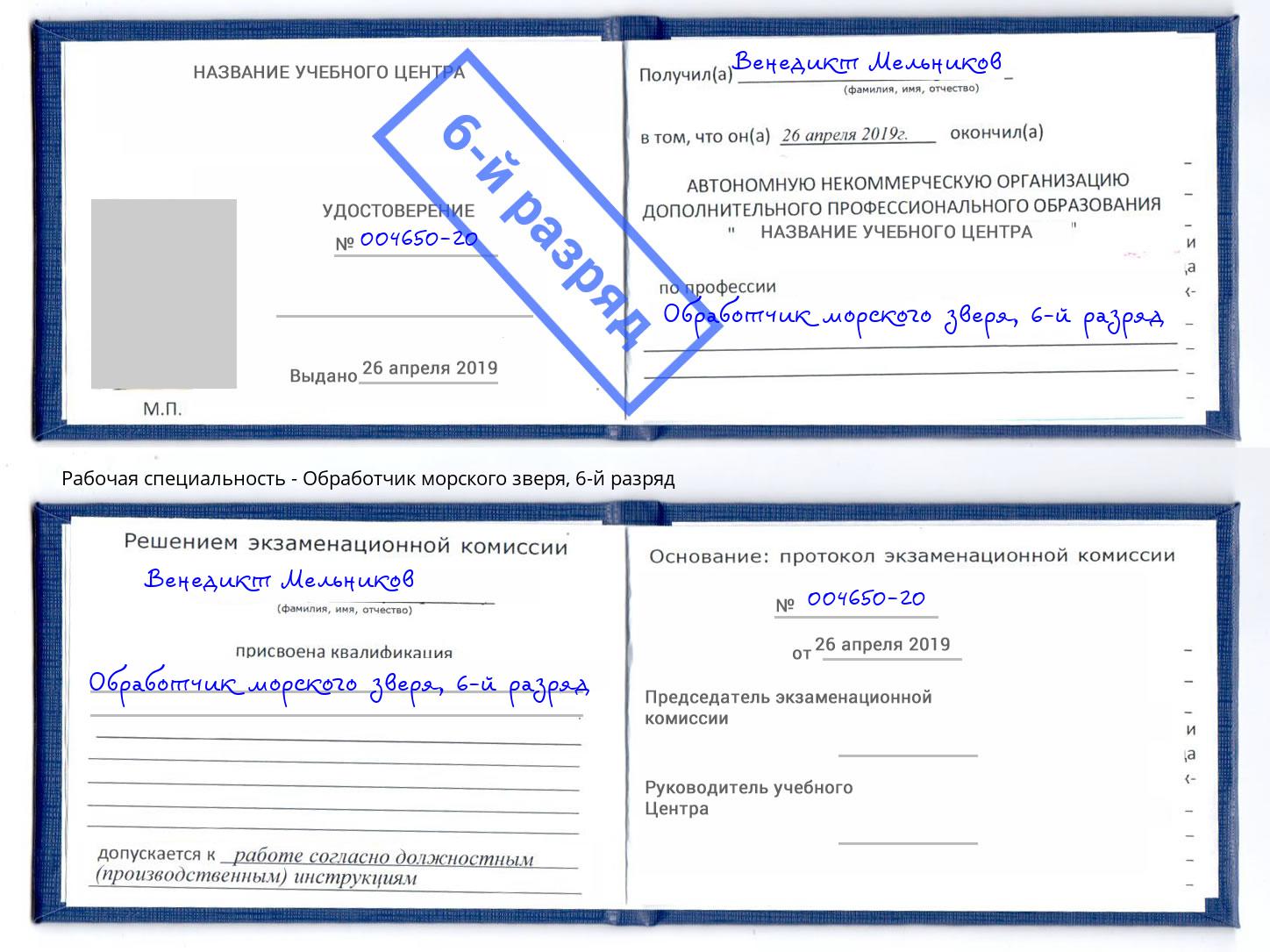 корочка 6-й разряд Обработчик морского зверя Моршанск