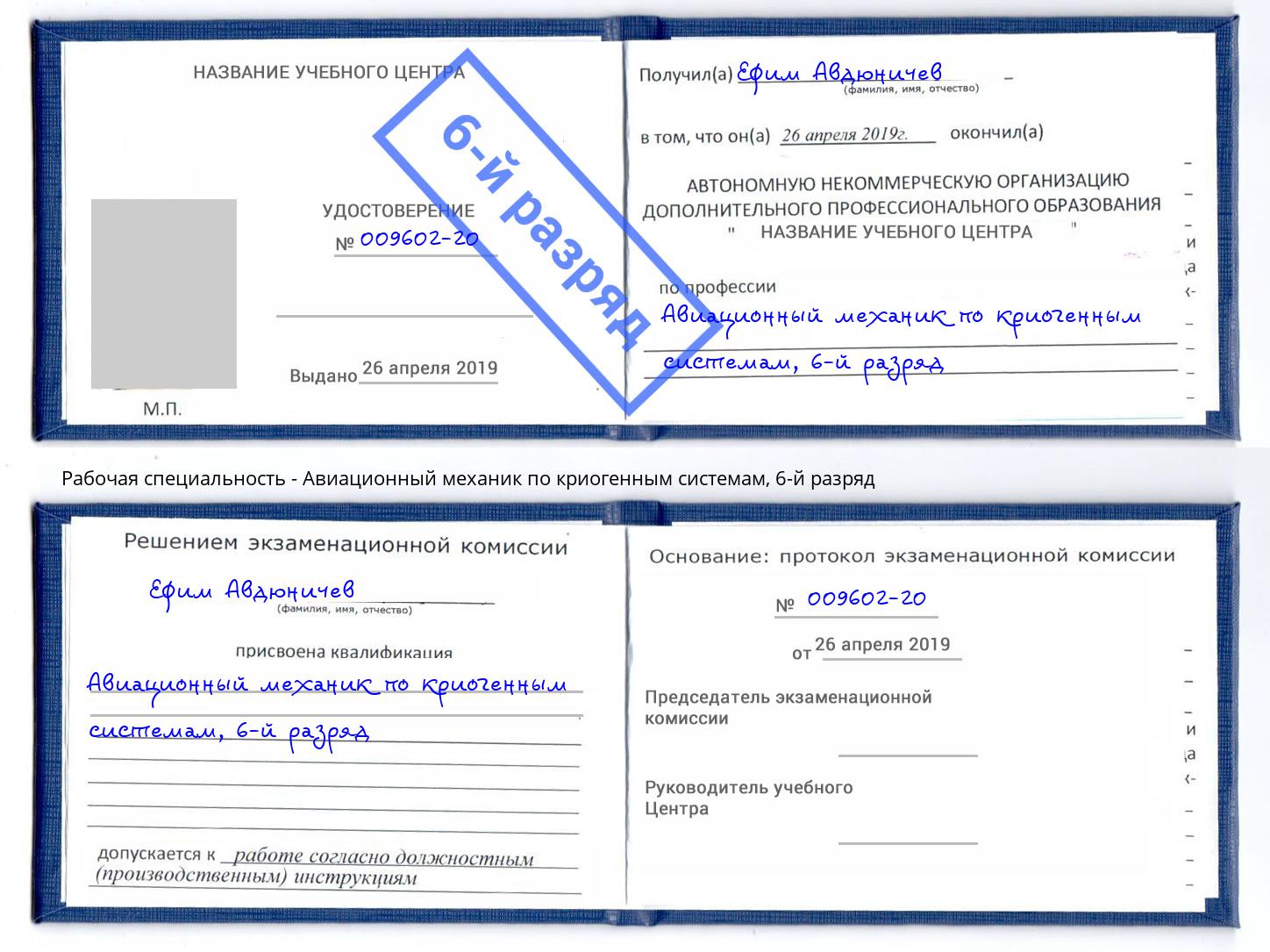 корочка 6-й разряд Авиационный механик по криогенным системам Моршанск