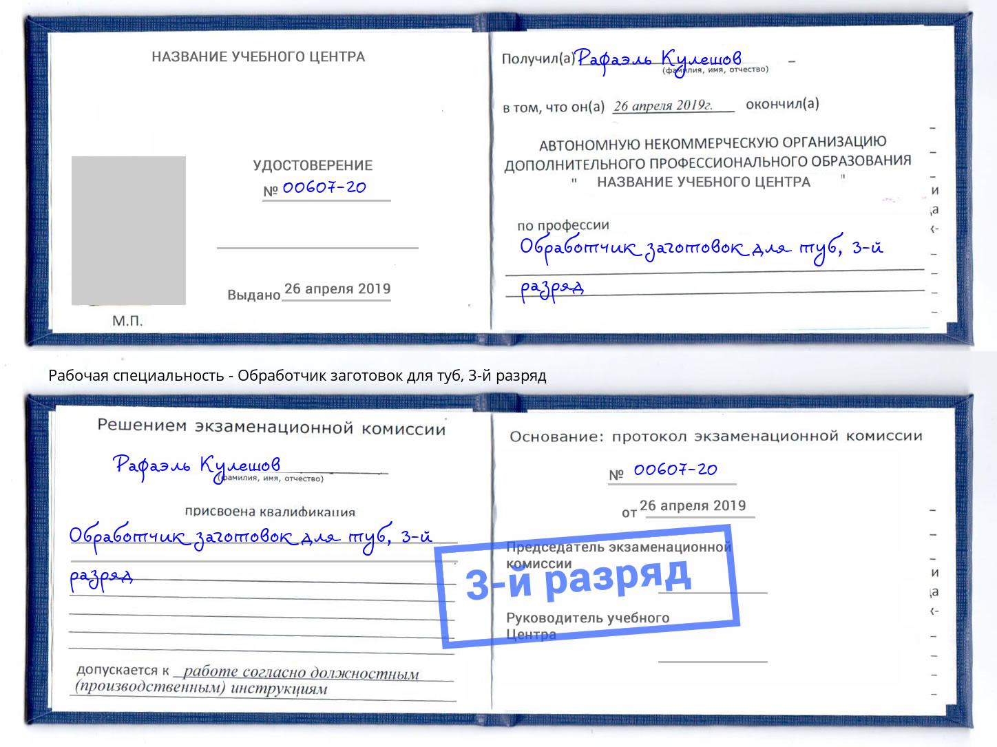 корочка 3-й разряд Обработчик заготовок для туб Моршанск