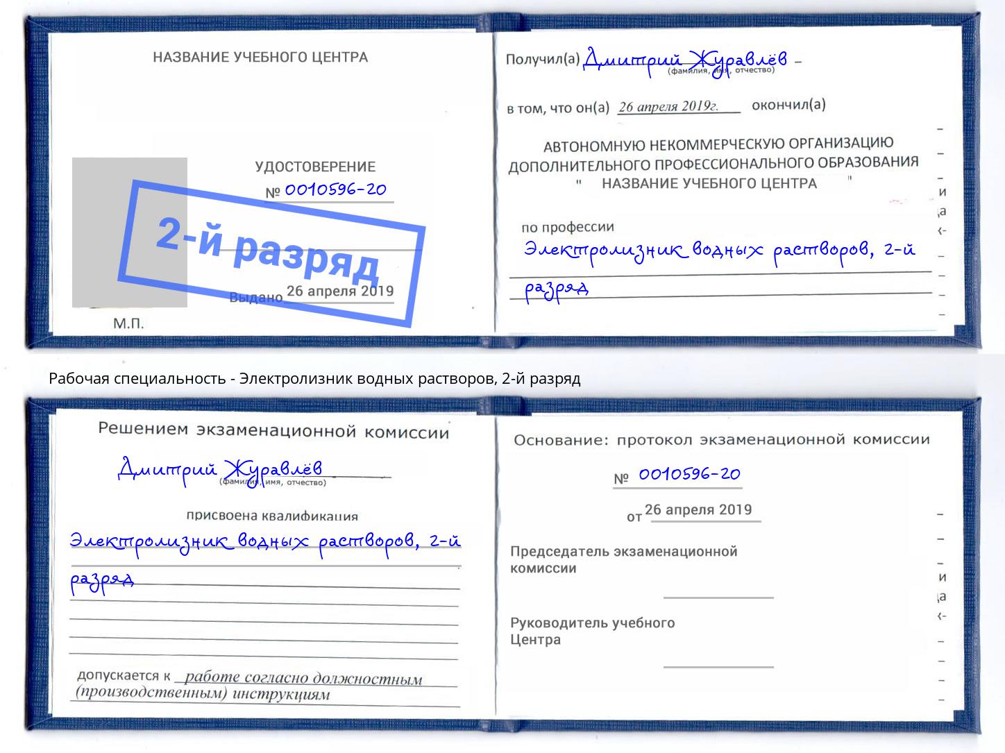 корочка 2-й разряд Электролизник водных растворов Моршанск