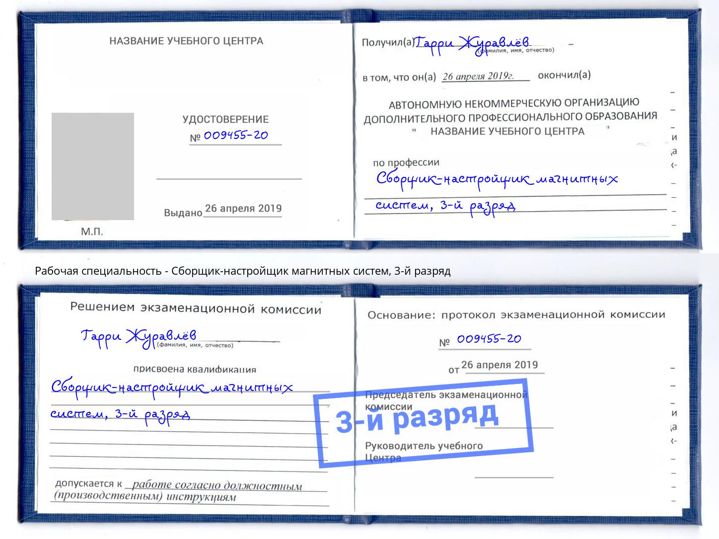 корочка 3-й разряд Сборщик-настройщик магнитных систем Моршанск