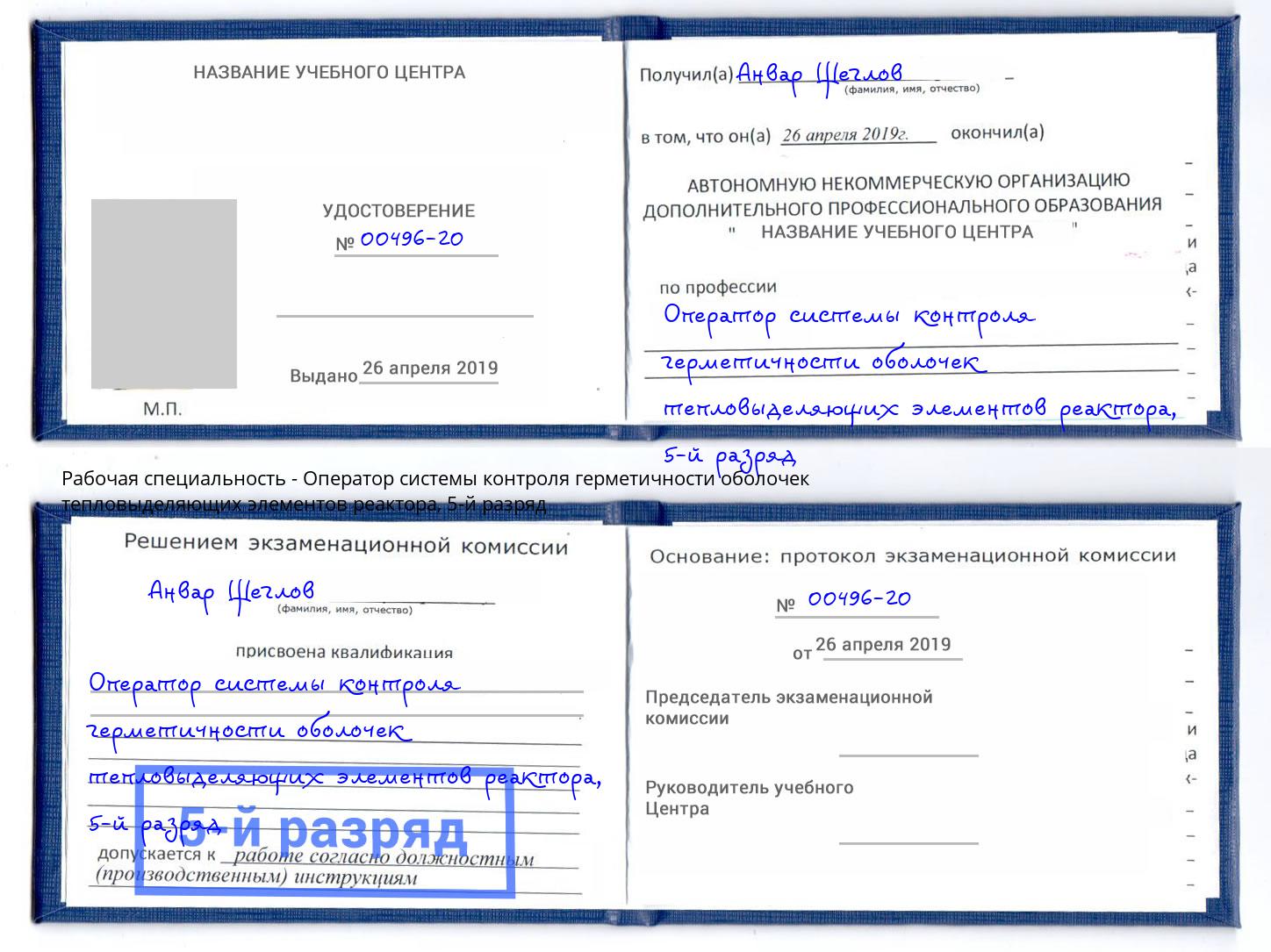 корочка 5-й разряд Оператор системы контроля герметичности оболочек тепловыделяющих элементов реактора Моршанск