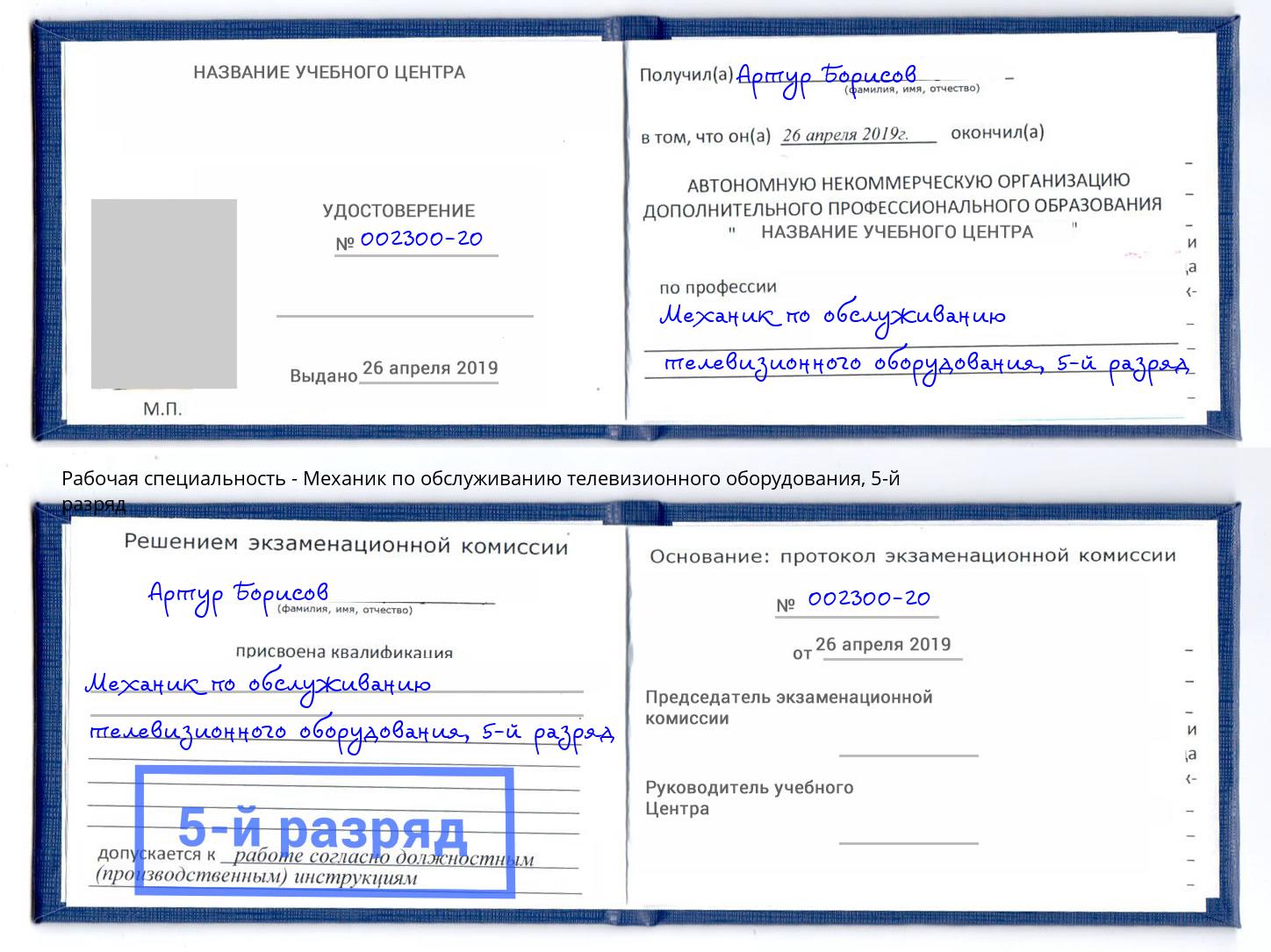 корочка 5-й разряд Механик по обслуживанию телевизионного оборудования Моршанск